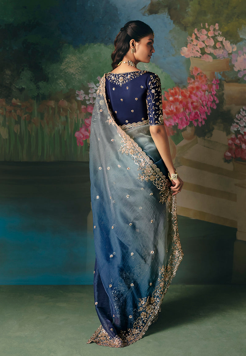 Blue Fancy Fabric Saree with Intricate Embroidery and Sequins