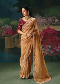 Peach fancy fabric saree with embroidery and sequin work