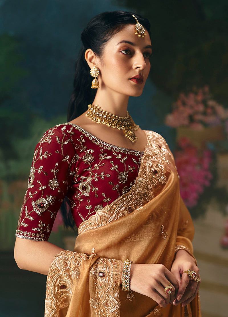 Peach Fancy Fabric Embroidered Saree with Sequin Details