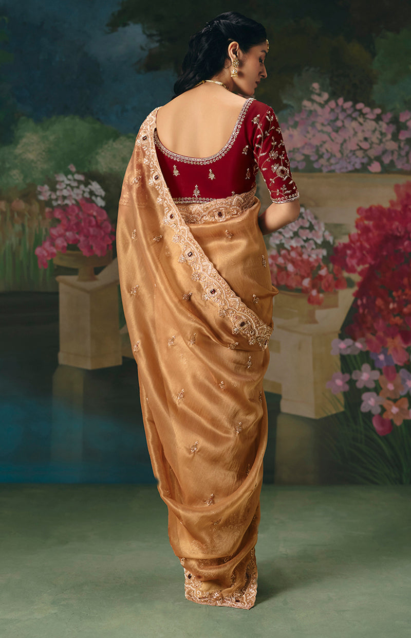 Peach Fancy Fabric Embroidered Saree with Sequin Details