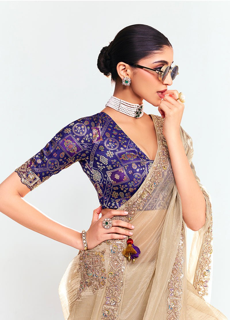 Beige Embroidered Fancy Fabric Saree with Thread Work