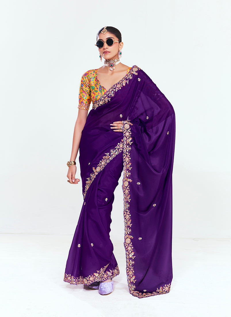 Purple fancy fabric saree with embroidery and sequin embellishments