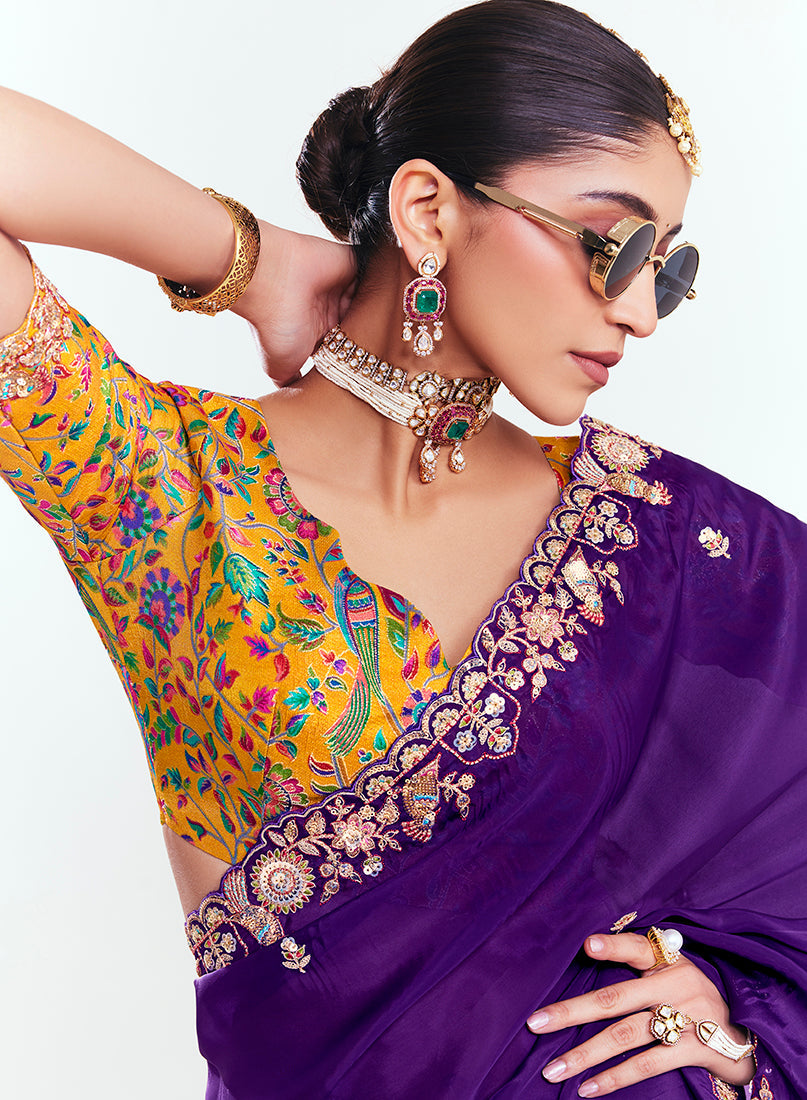 Purple Fancy Fabric Saree with Embroidery, Sequins and Threads