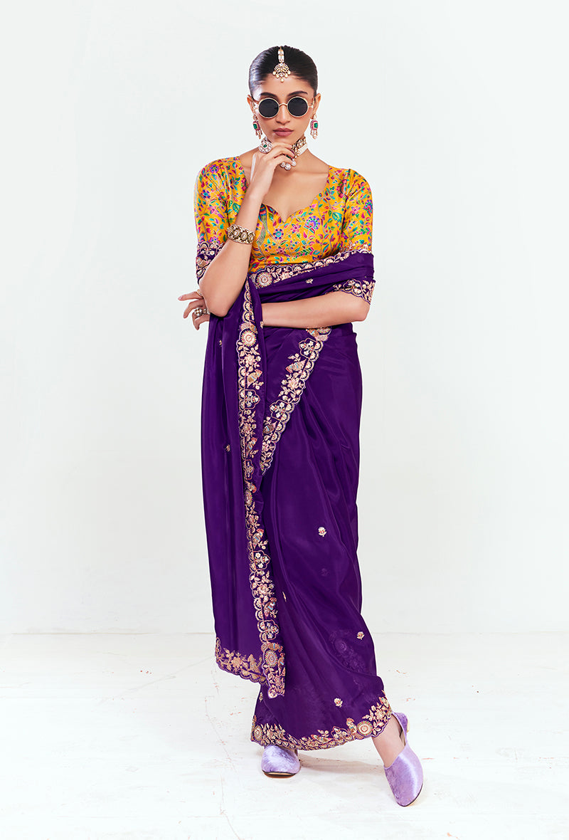 Purple Fancy Fabric Saree with Embroidery, Sequins and Threads
