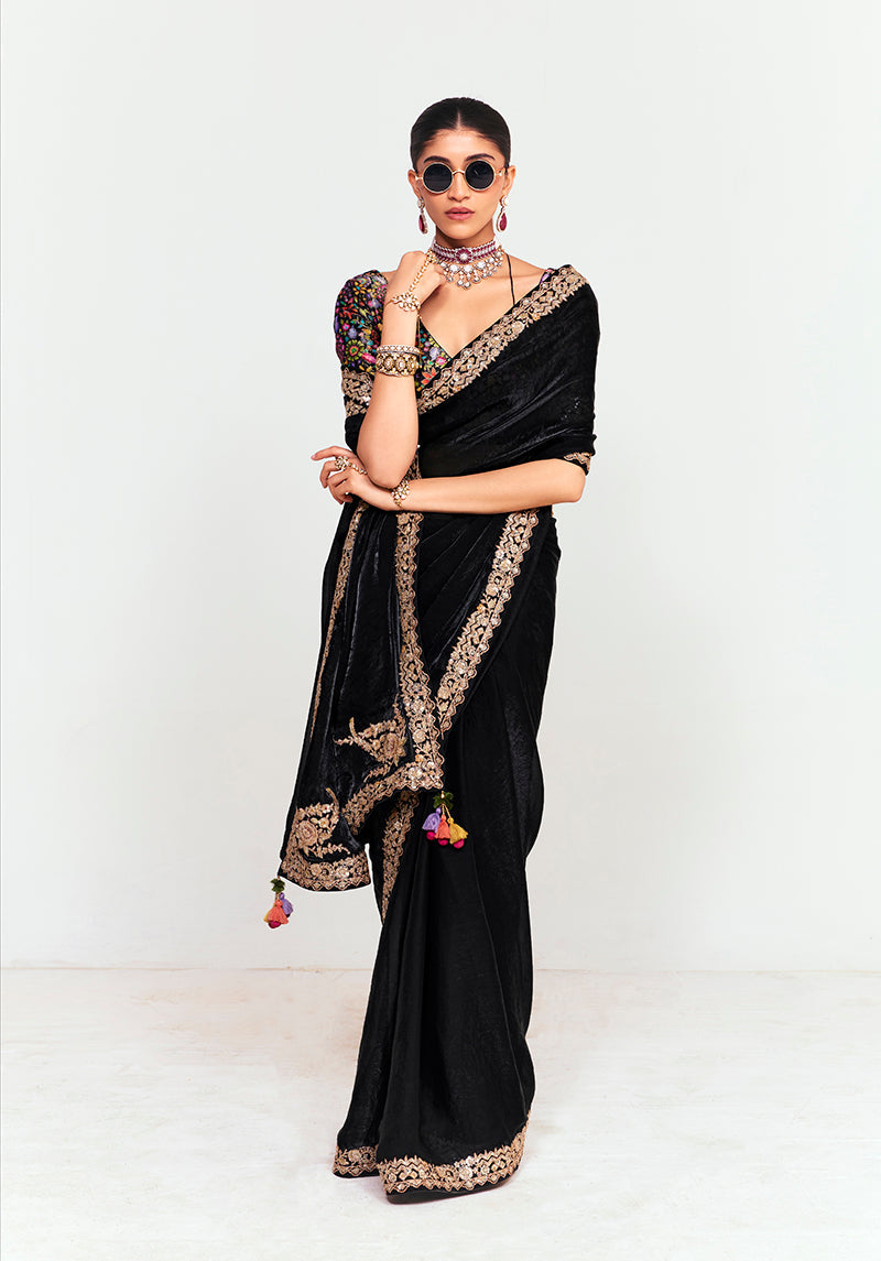 Black Fancy Fabric Embroidered Saree with Sequins and Thread Work