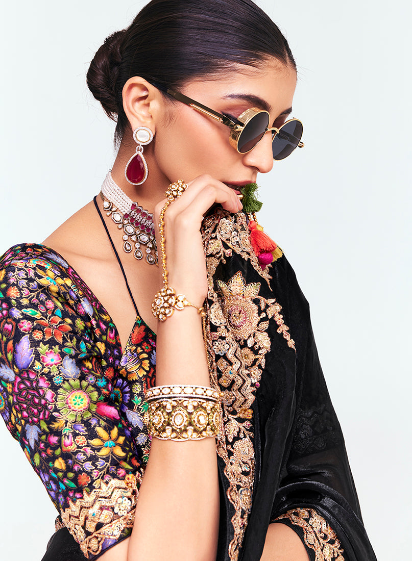 Black Fancy Fabric Embroidered Saree with Sequins and Thread Work