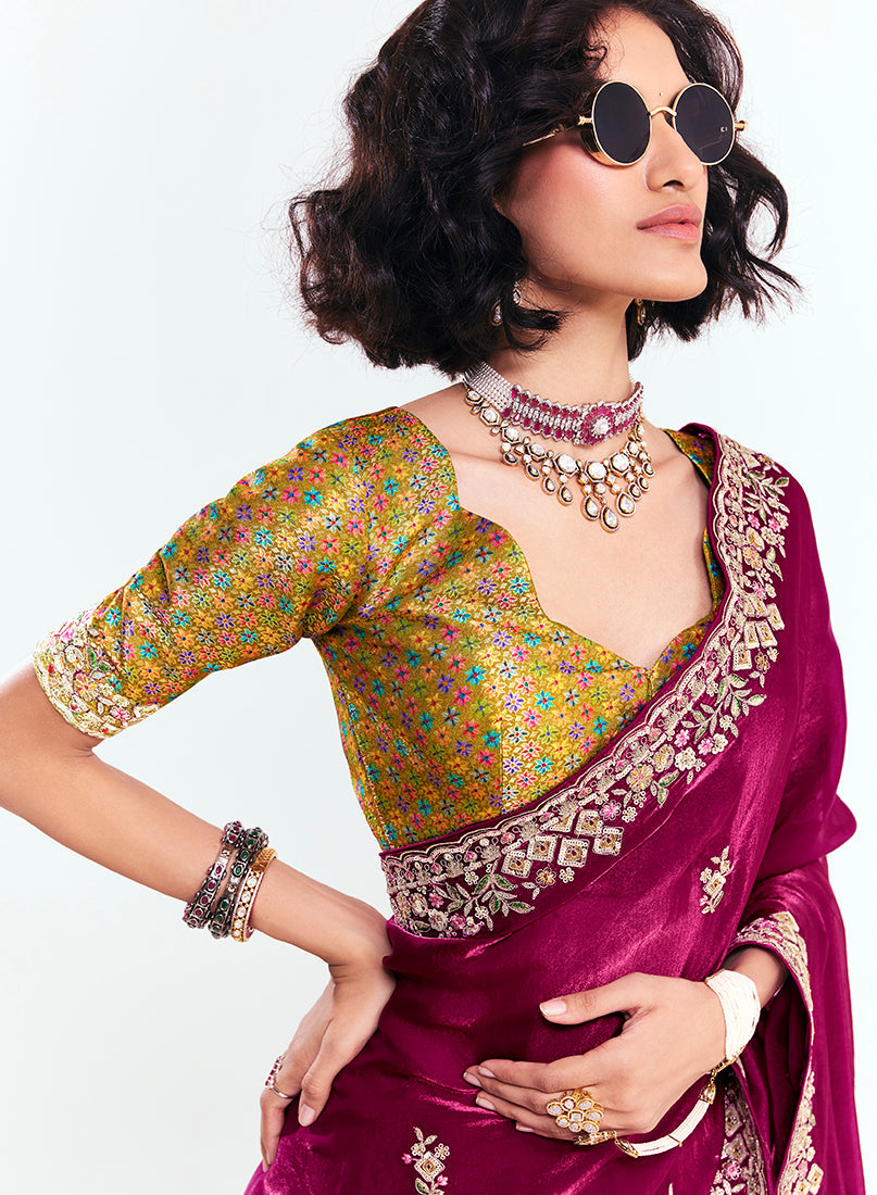 Rani Pink Fancy Fabric Saree with Embroidered Border and Sequins