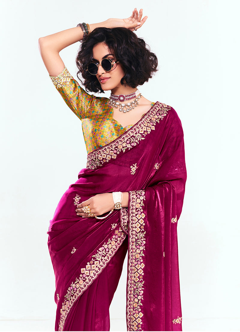 Rani Pink Fancy Fabric Saree with Embroidered Border and Sequins