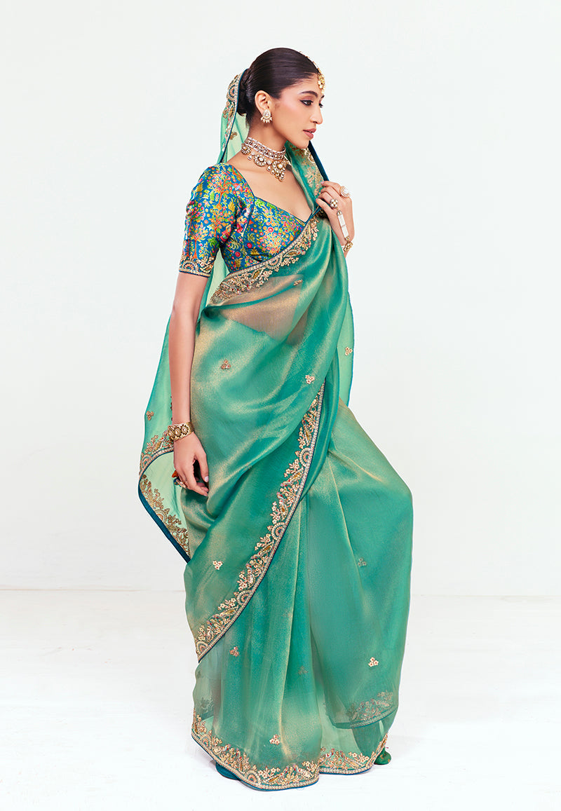 Sea Green Embroidered Fancy Fabric Saree with Sequins