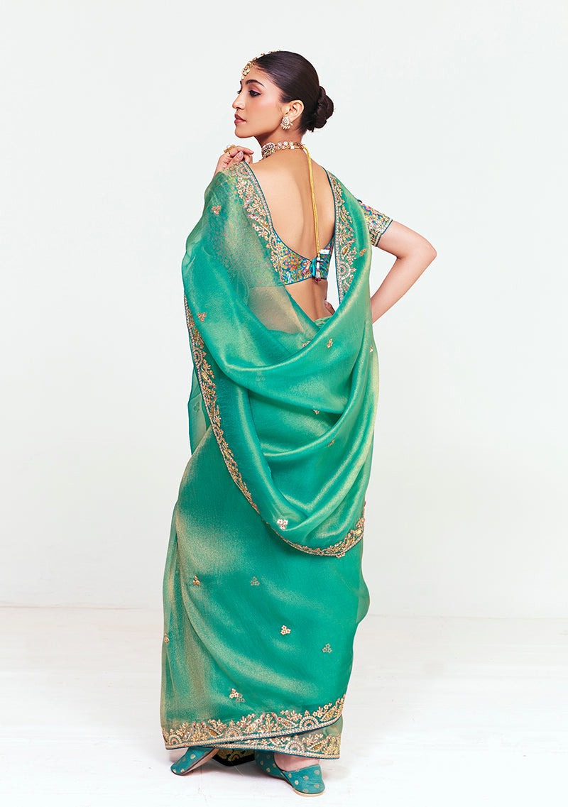 Sea Green Embroidered Fancy Fabric Saree with Sequins