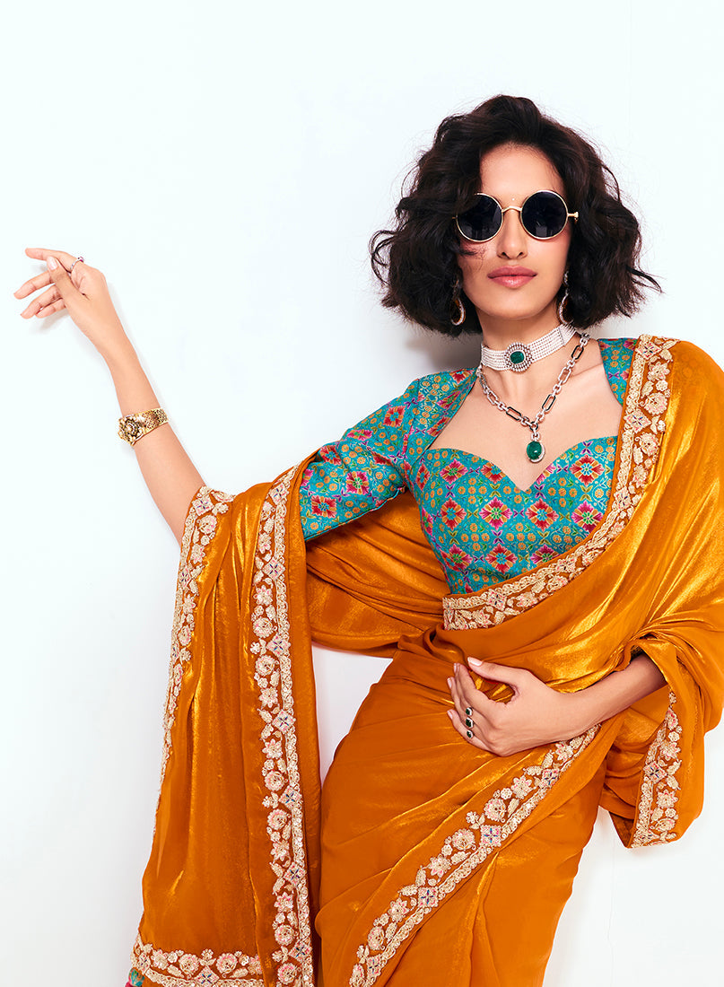 Orange Fancy Fabric Embroidered Sequin Classic Saree
