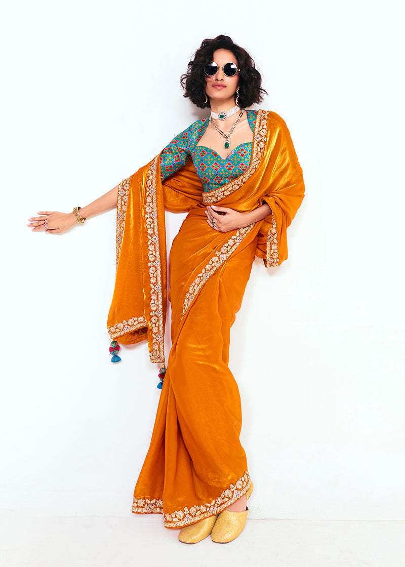 Orange Fancy Fabric Embroidered Sequin Classic Saree