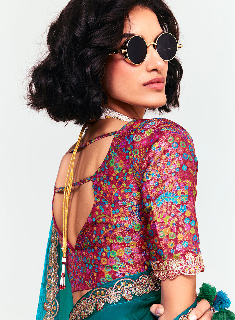Teal Fancy Fabric Embroidered Saree with Sequins and Thread Work