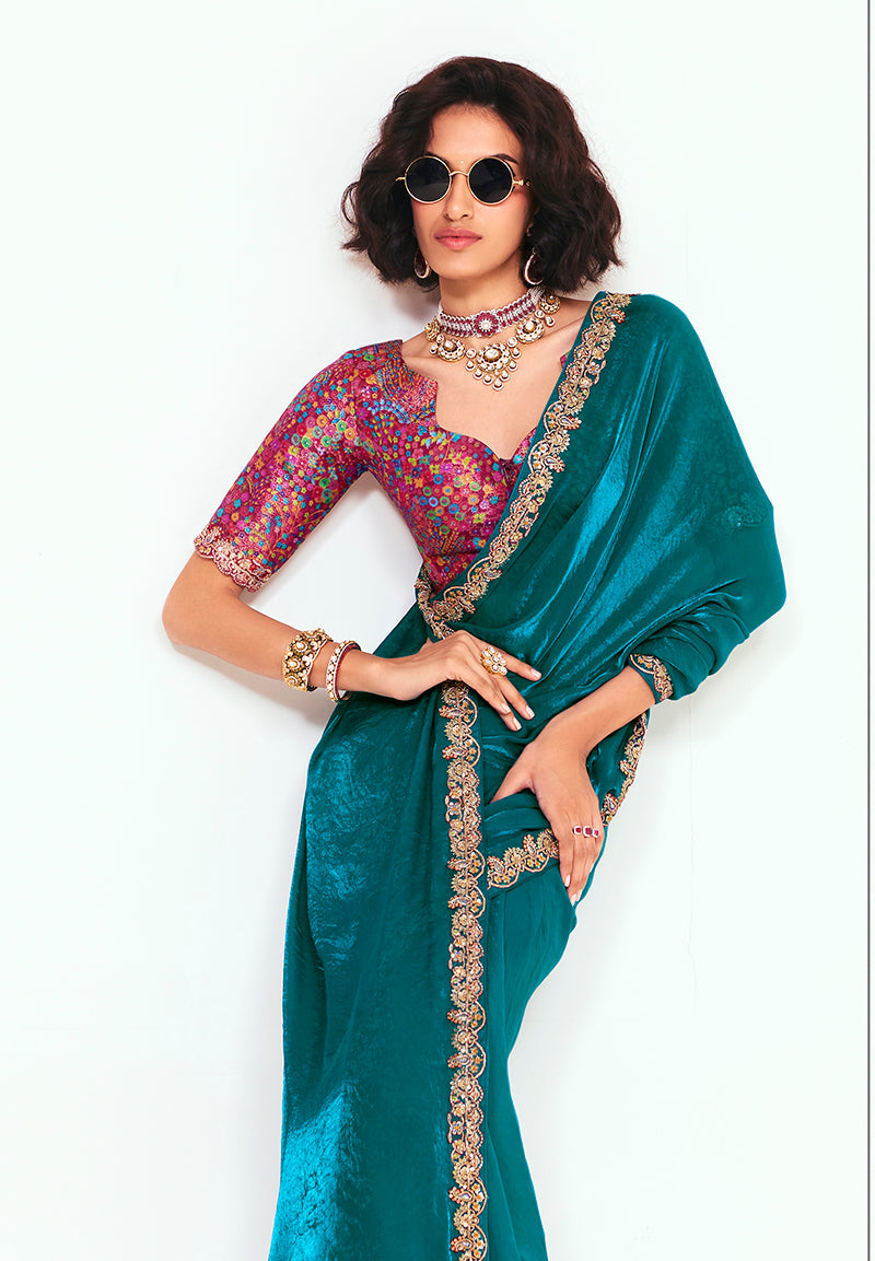 Teal Fancy Fabric Embroidered Saree with Sequins and Thread Work