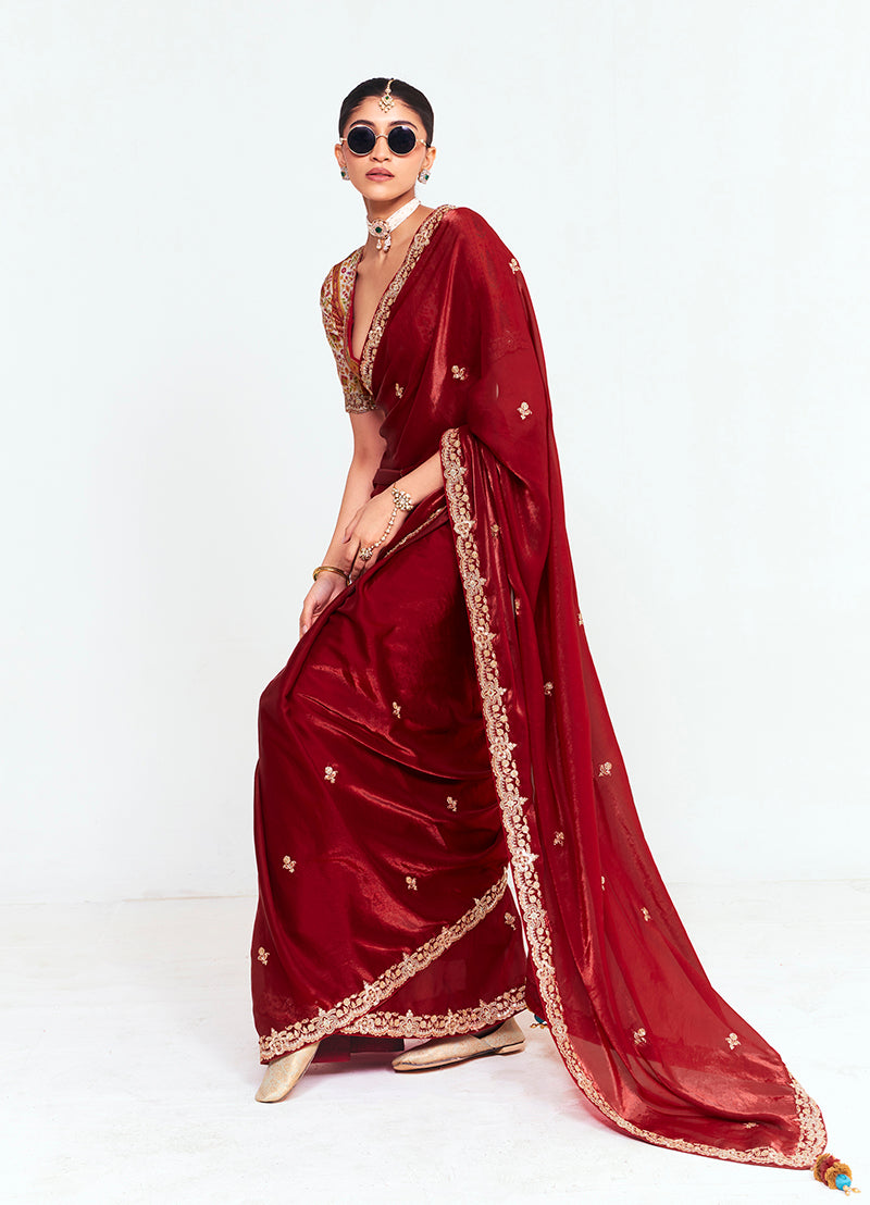 Maroon Fancy Fabric Saree with Embroidery and Thread Work