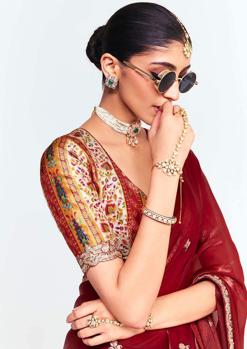 Maroon Fancy Fabric Saree with Embroidery and Thread Work