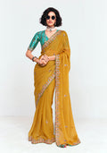 Mustard fancy fabric saree with elegant sequin and embroidery details.