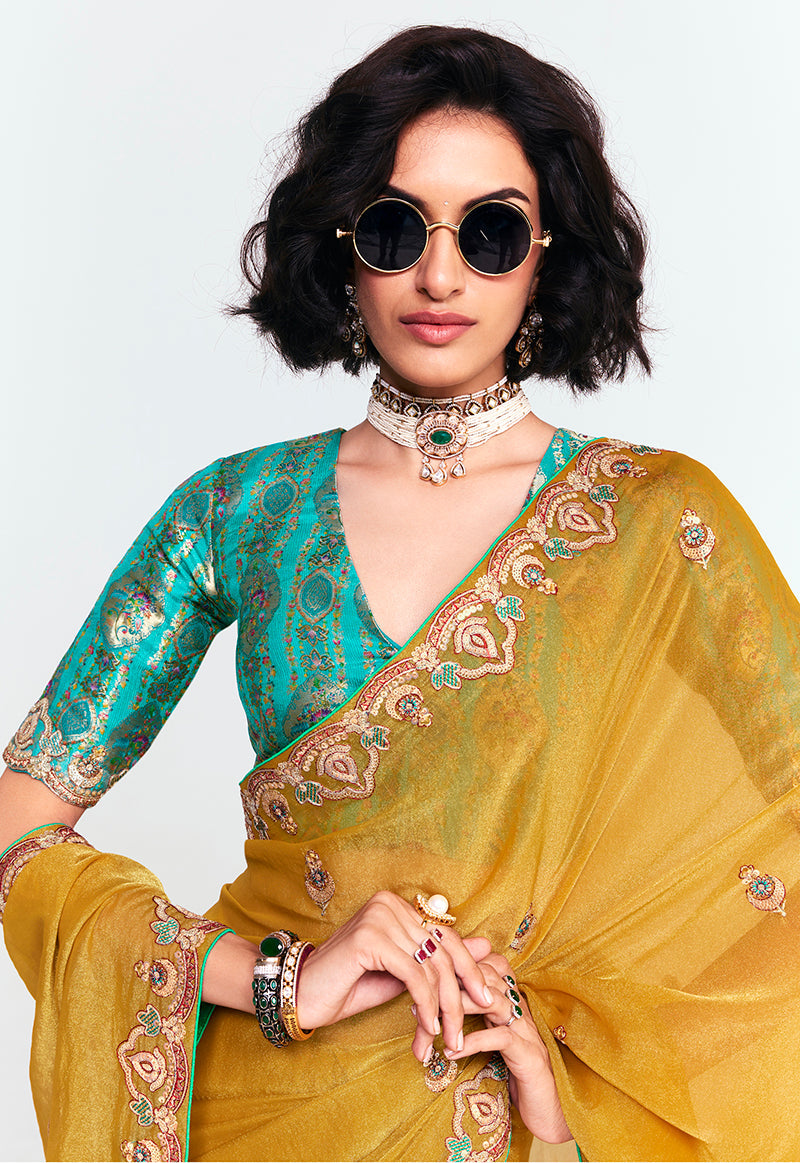Mustard Fancy Fabric Embroidered Saree with Sequins