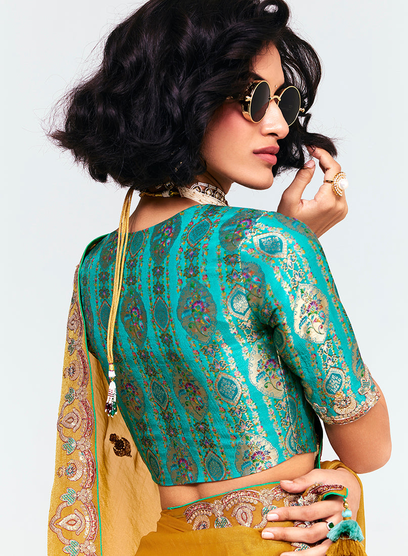 Mustard Fancy Fabric Embroidered Saree with Sequins
