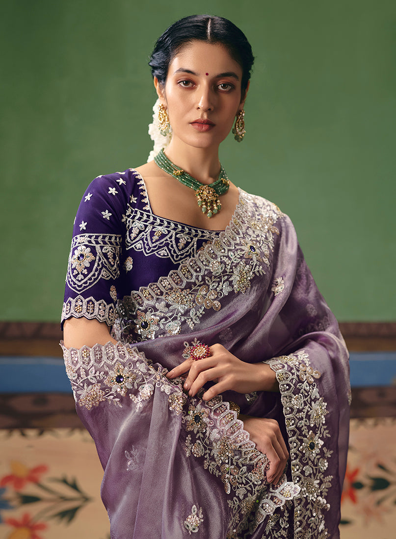 Lilac Embroidered Fancy Fabric Saree for Ethnic Occasions