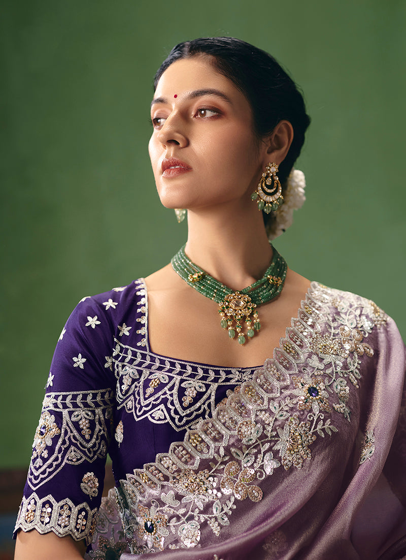 Lilac Embroidered Fancy Fabric Saree for Ethnic Occasions