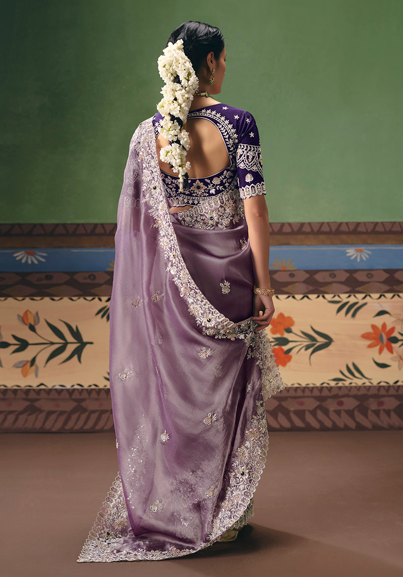 Lilac Embroidered Fancy Fabric Saree for Ethnic Occasions