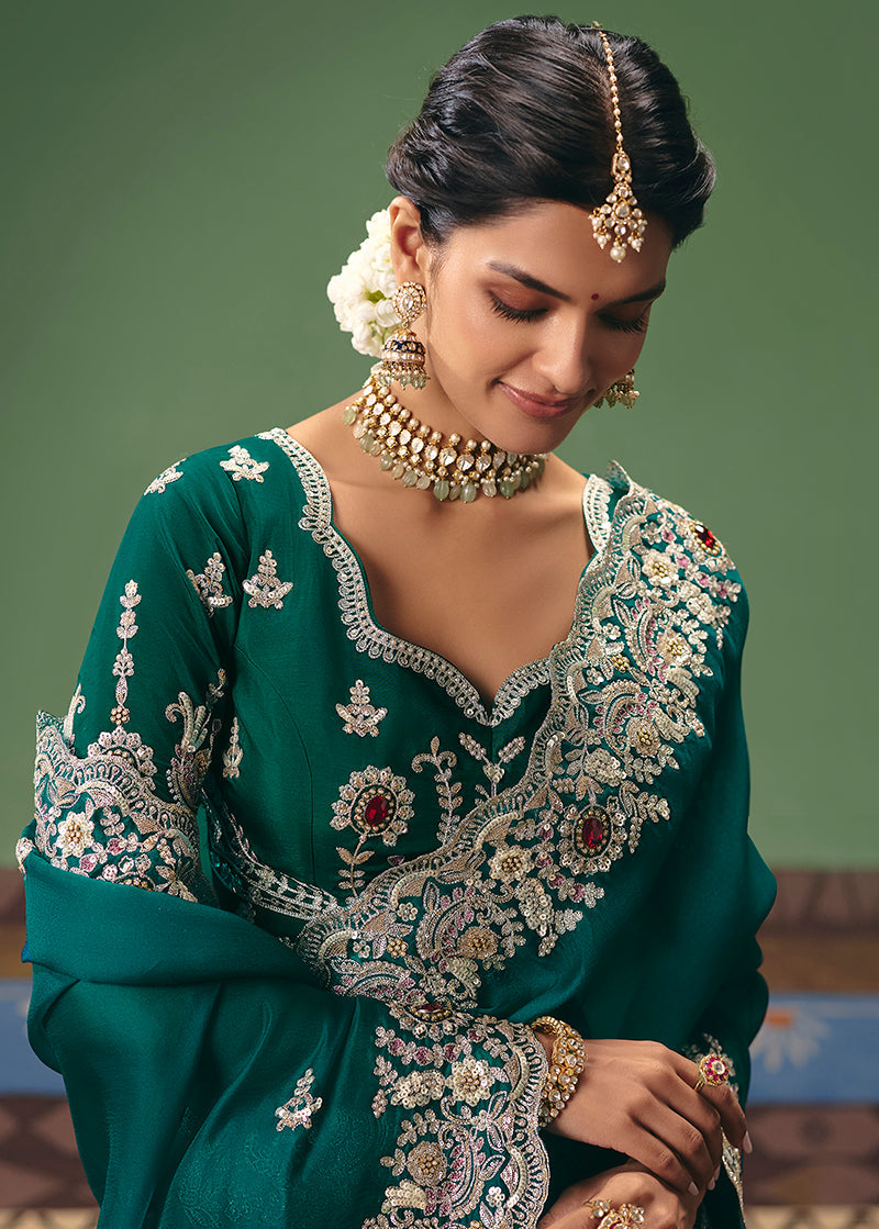 Teal Fancy Fabric Embroidered Saree for Ethnic Occasions