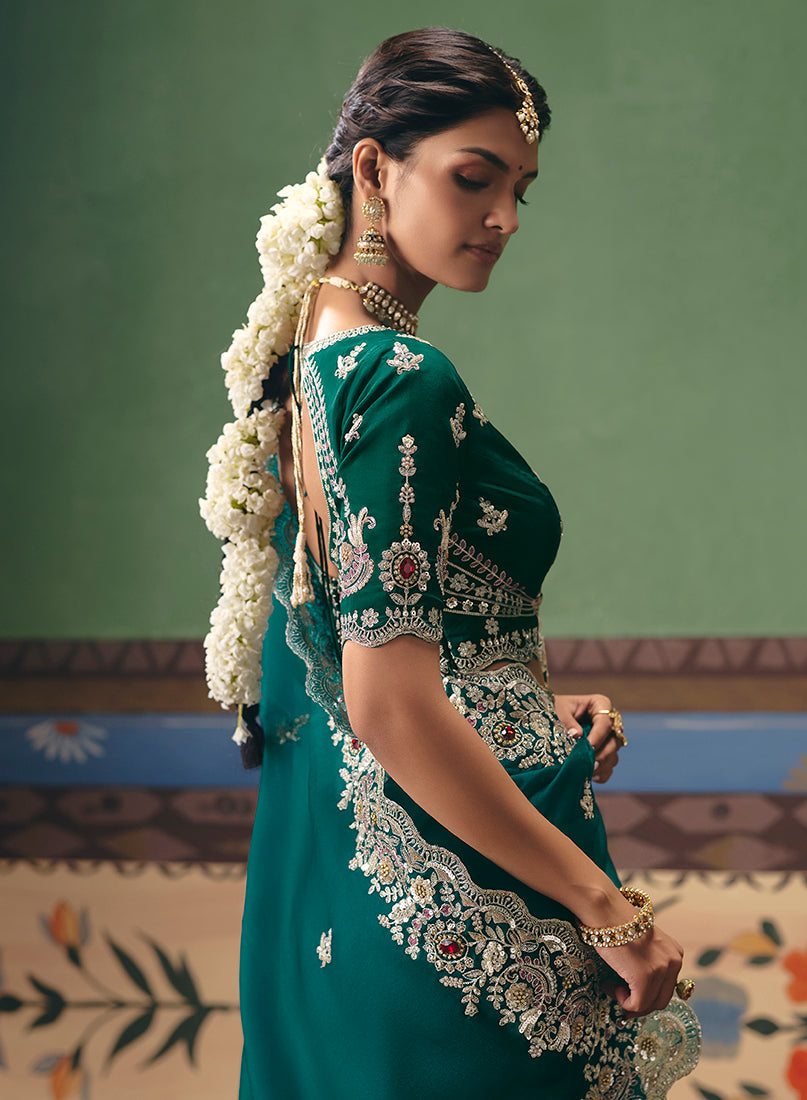 Teal Fancy Fabric Embroidered Saree for Ethnic Occasions