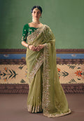 Pista green embroidered fancy fabric saree with elegant aesthetic.