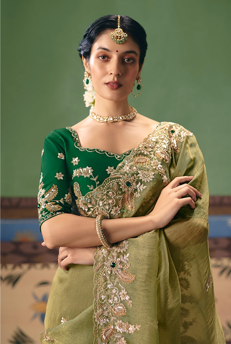 Pista Green Fancy Fabric Embroidered Festive Saree