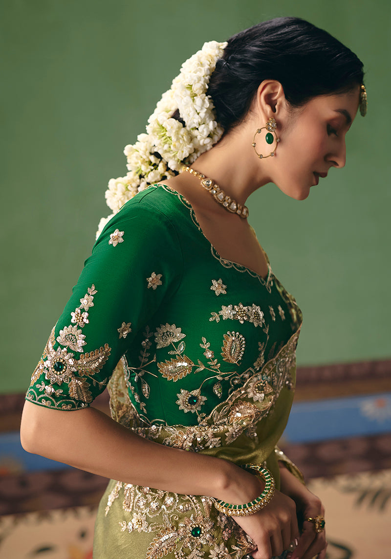 Pista Green Fancy Fabric Embroidered Festive Saree