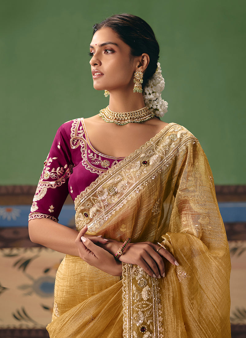 Mustard Fancy Fabric Embroidered Ethnic Party Wear Saree