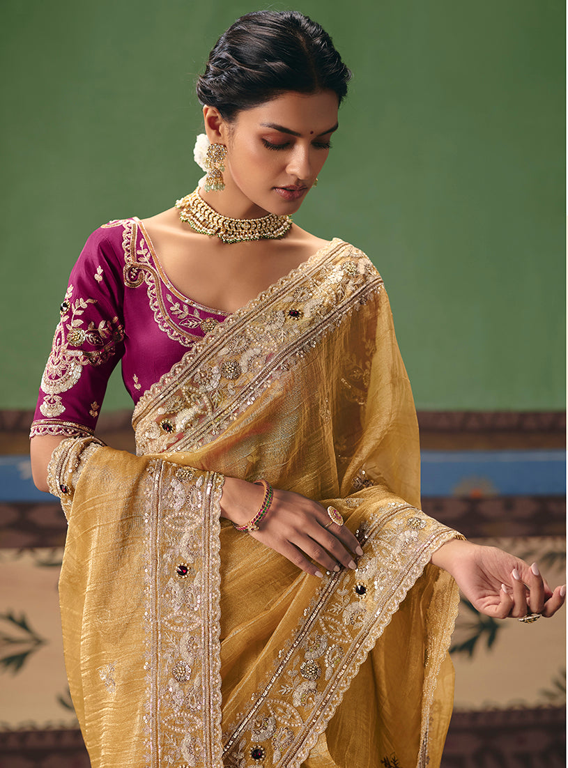 Mustard Fancy Fabric Embroidered Ethnic Party Wear Saree
