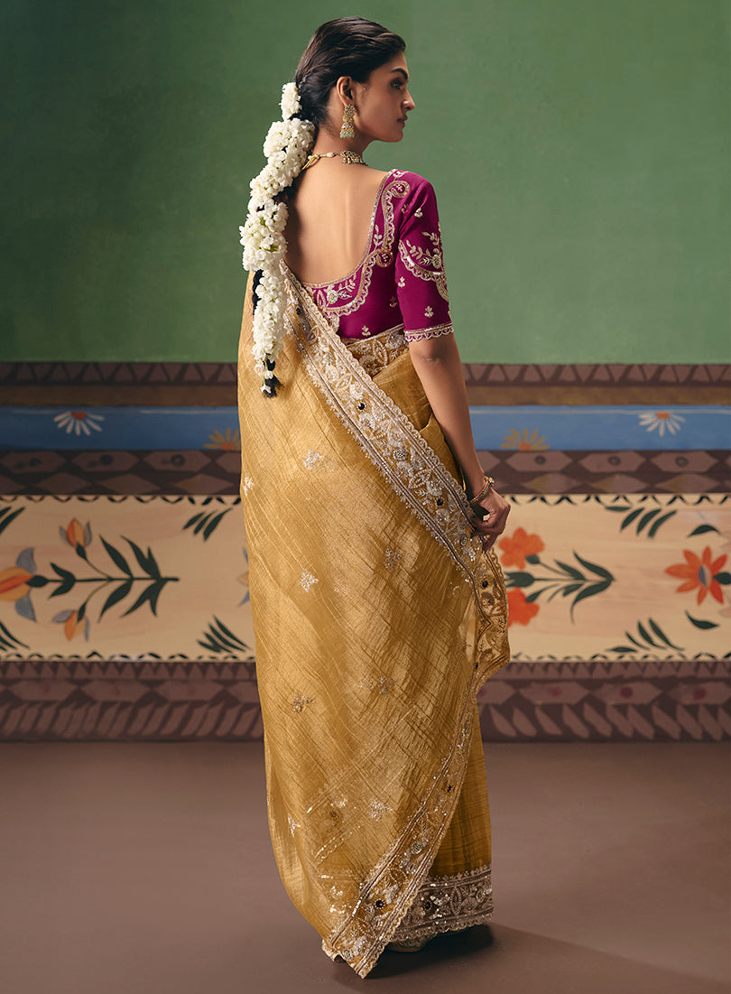 Mustard Fancy Fabric Embroidered Ethnic Party Wear Saree