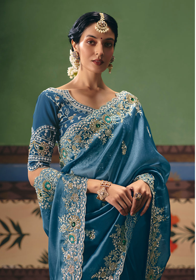 Sky Blue Fancy Fabric Embroidered Saree with Sequins and Pearls
