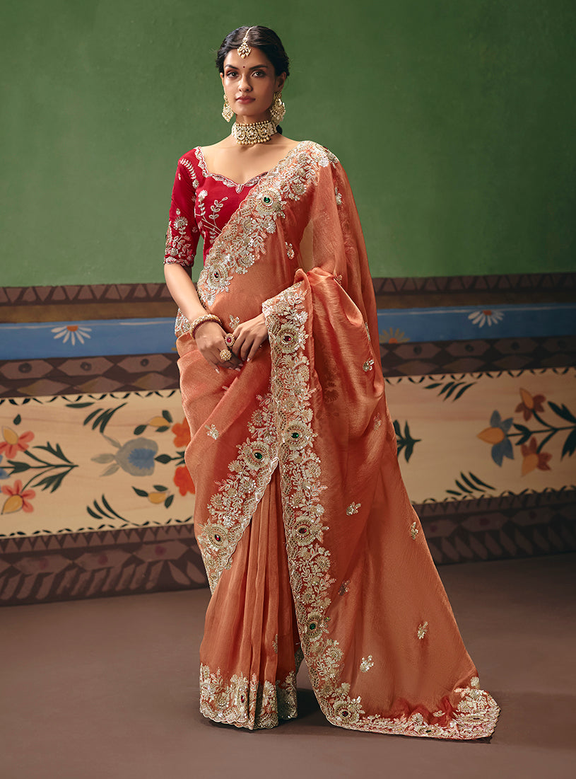 Coral fancy fabric saree with detailed embroidery