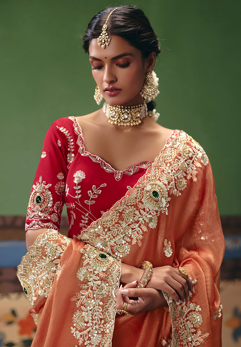 Coral Fancy Fabric Saree with Intricate Embroidered Details