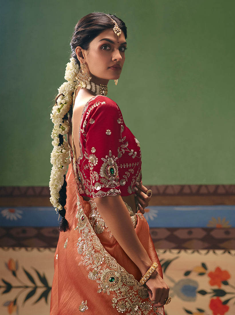 Coral Fancy Fabric Saree with Intricate Embroidered Details