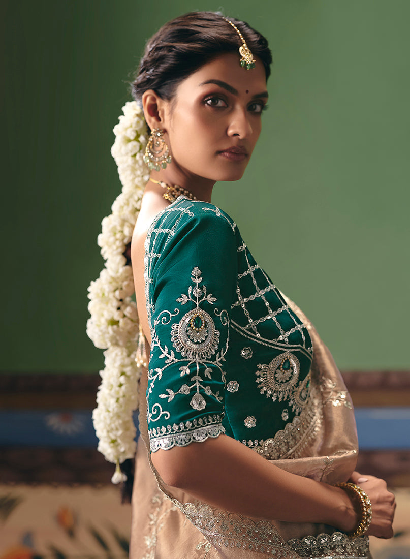 Beige Fancy Fabric Embroidered Saree with Elegant Embellishments