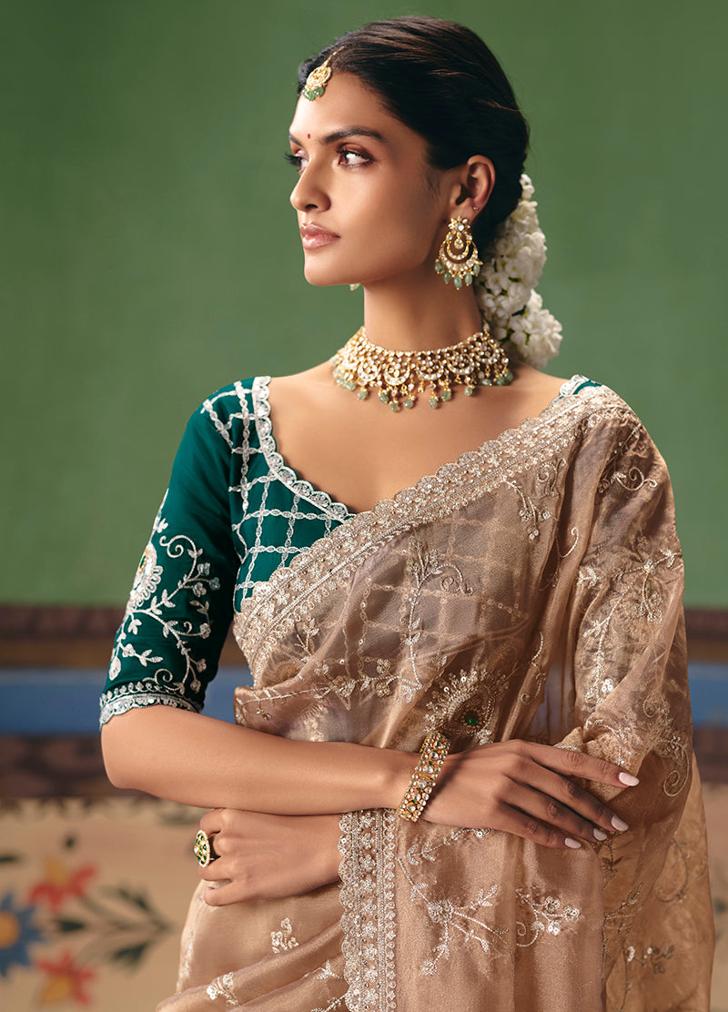 Beige Fancy Fabric Embroidered Saree with Elegant Embellishments