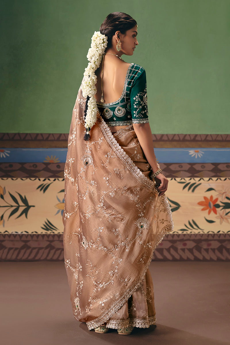 Beige Fancy Fabric Embroidered Saree with Elegant Embellishments