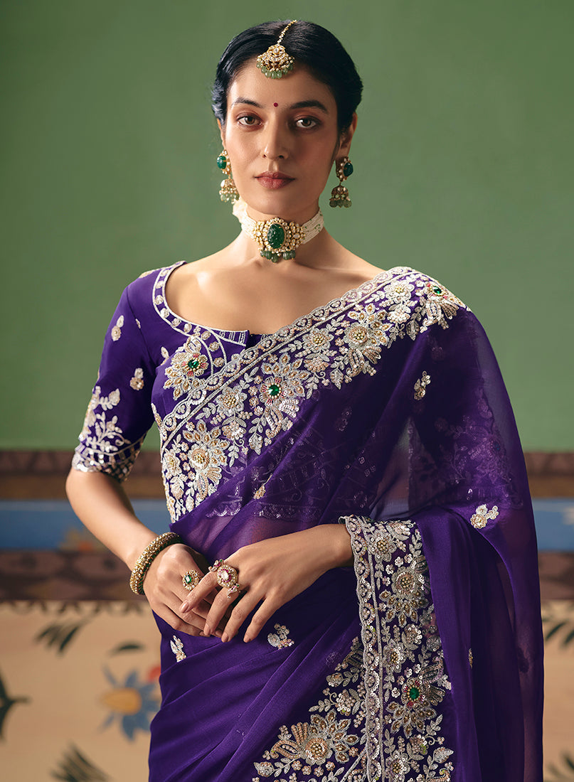 Purple Fancy Fabric Embroidered Saree with Elegant Detailing