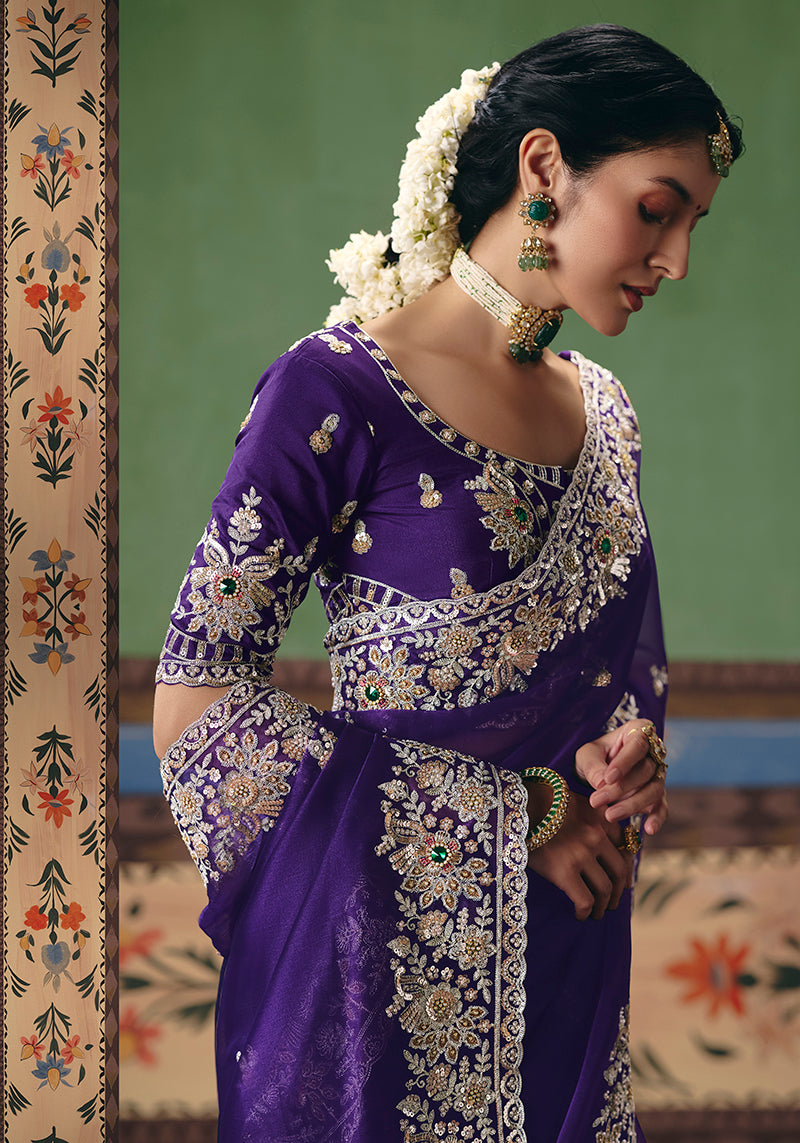 Purple Fancy Fabric Embroidered Saree with Elegant Detailing