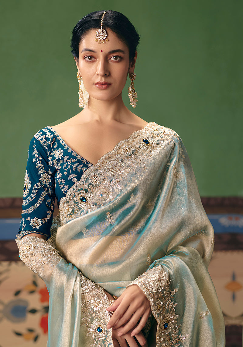 Light Sea Green Fancy Fabric Embroidered Festive Saree