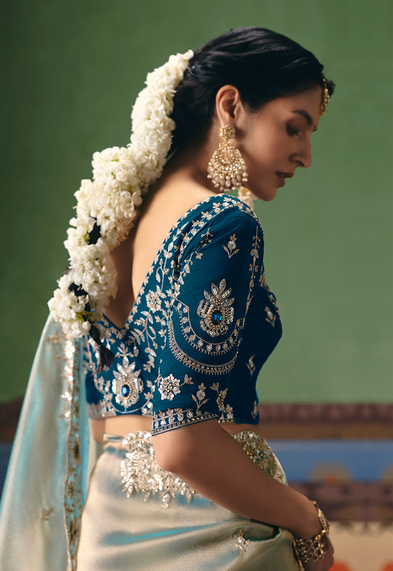 Light Sea Green Fancy Fabric Embroidered Festive Saree