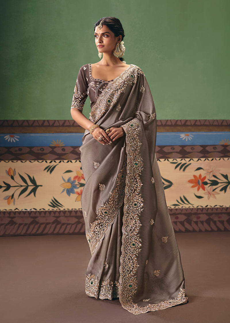 Taupe fancy fabric saree with intricate embroidery