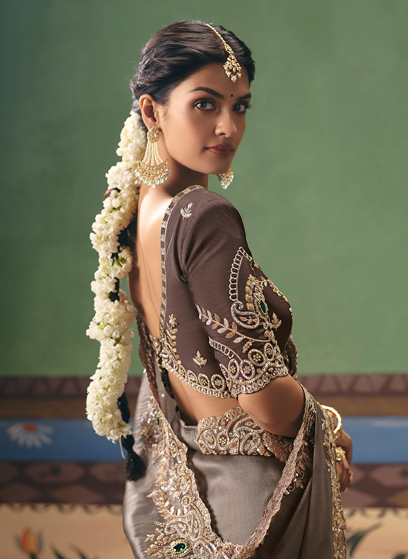 Taupe Fancy Fabric Saree with Sophisticated Embroidery