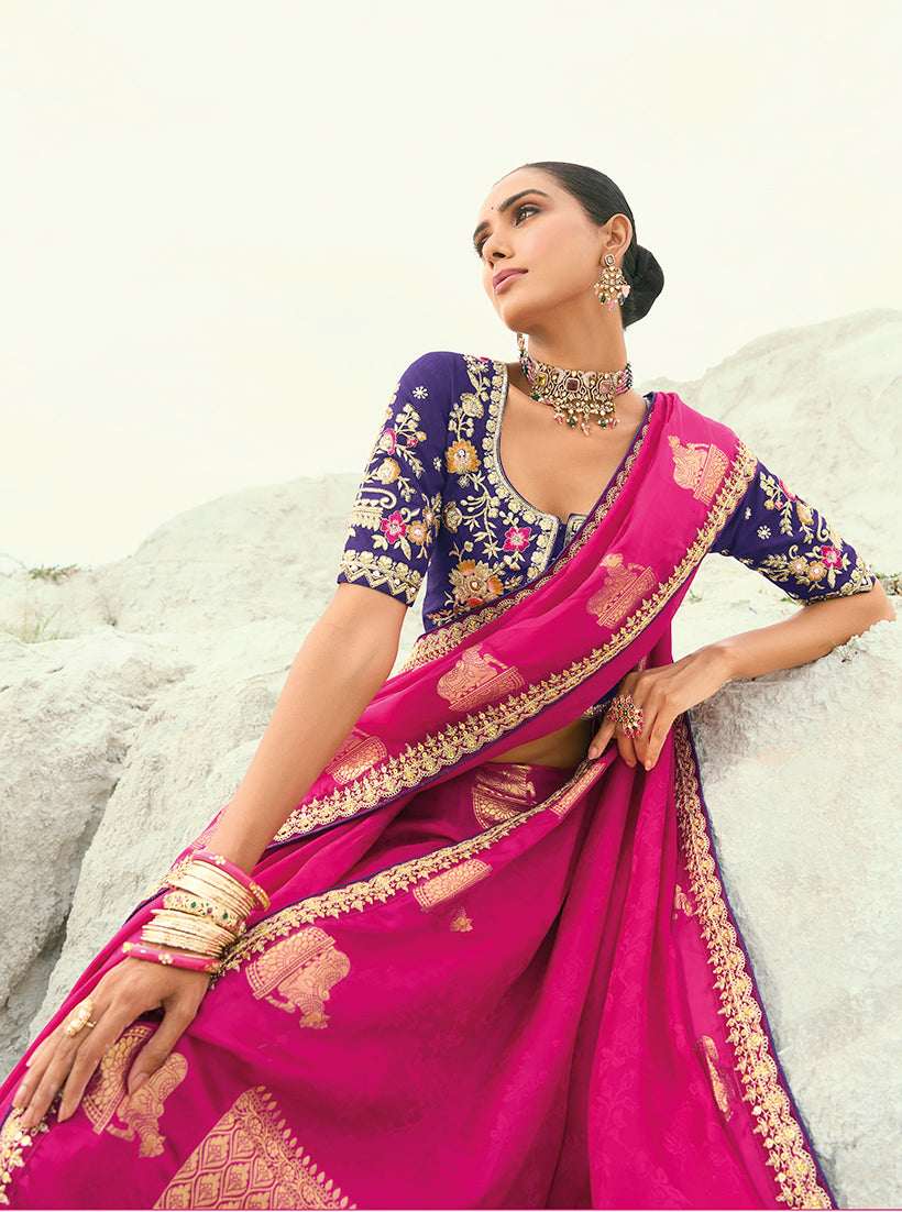 Rani Pink Organza, Satin and Viscose Embroidered Saree