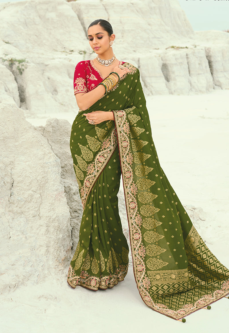 Mehendi Green viscose saree with detailed cutdana and embroidery work