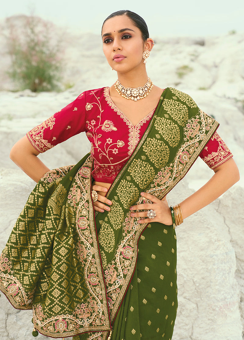 Mehendi Green Viscose Embroidered Contemporary Saree